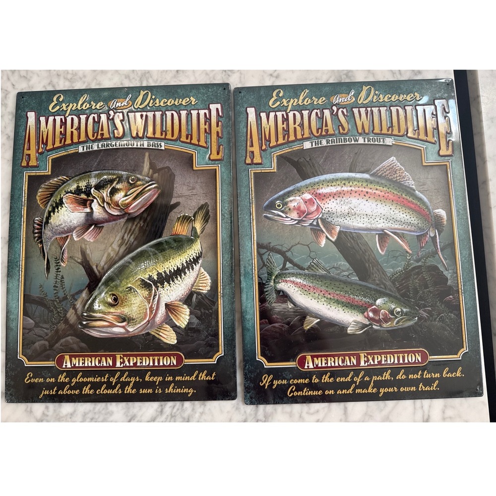 American Expedition Wildlife Tin Signs Set Largemouth Bass Rainbow Trout 16x12.5